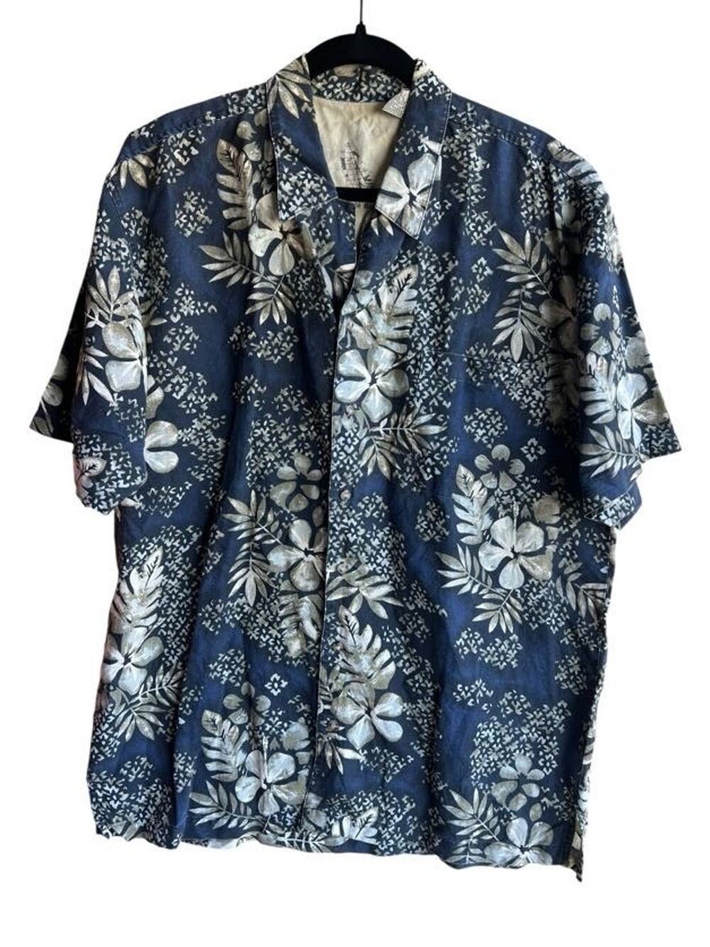 Vintage 90s Bugle Boy Men's Hawaiian Tiki Camp Shirt Floral Blue Size Large
